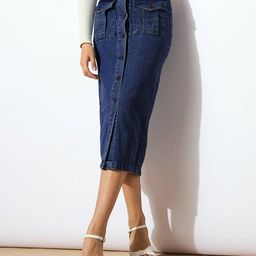 SASSAFRAS Women Denim Front-Slit Pencil Midi Skirt-image-91