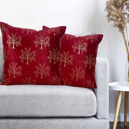 Vinayaka Fab Red & Cream 2 Pieces Floral Embroidered Velvet Square Shaped Cushion Covers-image-16