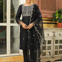 Janasya Women Floral Embroidered Regular Sequinned Kurta with Trousers & With Dupatta-picture-45