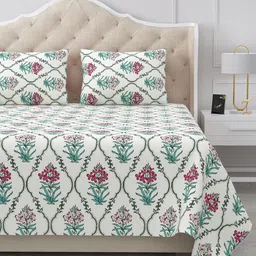 BELLA CASA Off White & Blue Ethnic Motifs 180 TC King Bedsheet with 2 Pillow Covers-picture-1