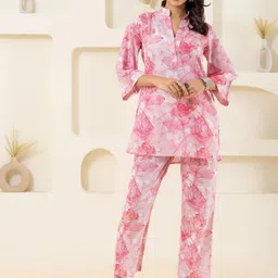 Moda Rapido Floral Printed Mandarin Collar Pure Cotton Tunic With Trouser-image-80