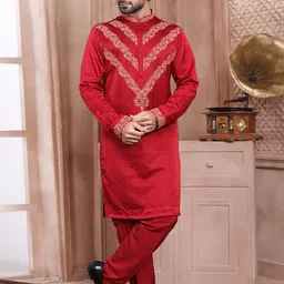 EVASTRO Ethnic Motifs Embroidered Regular Banarasi Silk Straight Kurta with Pyjamas-image-12