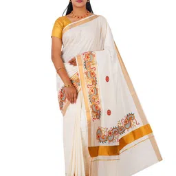 Rst R Selvamani Tex Embroidered Floral Zari Pure Cotton Kasavu Saree-15