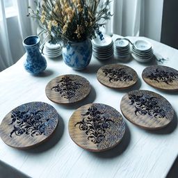 THE HOME CO. Set Of 6 Blue Motif Printed Enamel Round Wooden Coasters-35
