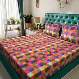 Myntra Elegant Homes Blue & Pink Geometric 300 TC Double King Bedsheet Set-2.50mx2.25m-image-92
