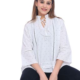 Moda Elementi Geometric Printed Tie-Up Neck Extended Sleeves Cotton Boxy Top-image-68