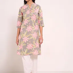 RANGMANCH BY PANTALOONS Floral Printed Mandarin Collar Cotton A-Line Kurta-image-67