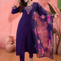 Sangria Purple Floral Embroidered V-Neck Sequinned Straight Kurta With Trousers & Dupatta-picture-16