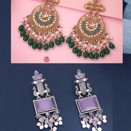 Anouk Set Of 2 Silver-Plated Artificial Stones and Beaded Geometric Shaped Drop Earrings image 3