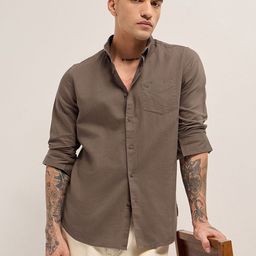 THE BEAR HOUSE Men Slim Fit Solid Button-Down Collar Pure Cotton Casual Shirt-picture-11