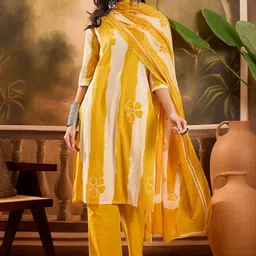 Sangria Women Striped Pure Cotton Straight Kurta & Trousers With Printed Dupatta-picture-44