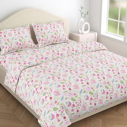 haus & kinder Jaypor Blooms White Floral Printed 186 TC Pure Cotton Queen Bedsheet Set-image-96