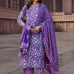 OZIA Women Floral Printed Regular Pure Cotton Kurta with Trousers & Dupatta-picture-2