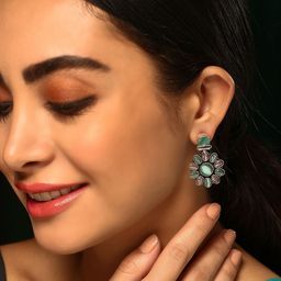 Priyaasi Silver Plated Blue Pink Oxidized Crystal Studded Contemporary Drop Earrings-8