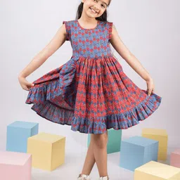 VASTRAMAY Girls Floral Printed Ruffled Pure Cotton Fit & Flare Dress-picture-49
