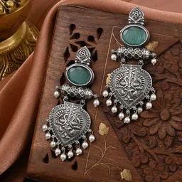 VENI 92.5 Silver Plated Artificial Stones Studded & Beaded Oxidised Oval Drop Earrings-picture-2