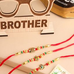 NVR Men Set of 3 Red & Gold Floral Design Artificial Stones and Beads Thread Rakhi Combo-image-37