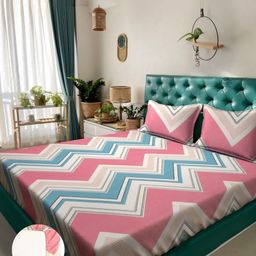 Arrabi Pink & Black Geometric 300 TC King Bedsheet with 2 Pillow Covers-6