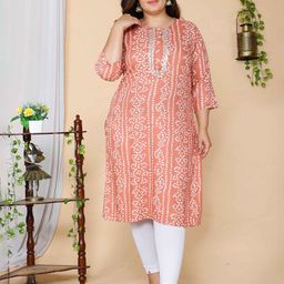 Doriyaan Plus Size Bandhani Printed Round Neck Gotta Patti Straight Kurta-49