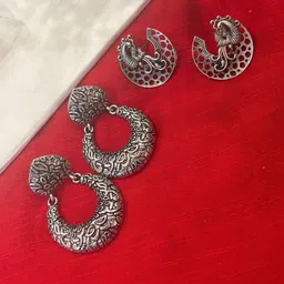 Niska Set Of 2 Silver-Plated Oxidised Crescent Shaped Drop Earrings-picture-1