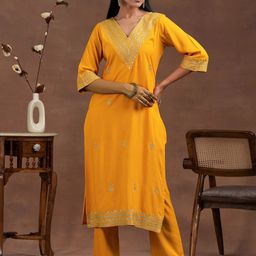 Libas Floral Embroidered Zari Regular Straight Kurta with Palazzos-9