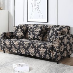 Myntra Elegant Homes Black & Beige Printed Polyester 1 Piece Sofa Cover With Arms-image-3