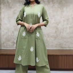 Sindh Fashion Floral Embroidered Mandarin Collar A-Line Tunic With Palazzos-image-28