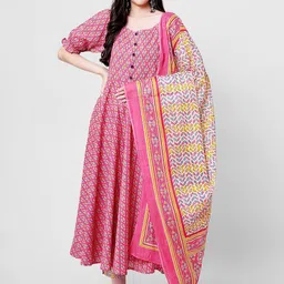 HERE&NOW Floral Printed Round Neck Pure Cotton Anarkali Kurta With Trousers & Dupatta-image-3