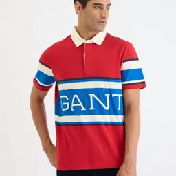GANT Men Red and Blue Colourblocked Typography Polo Collar Regular T-shirt-image-10