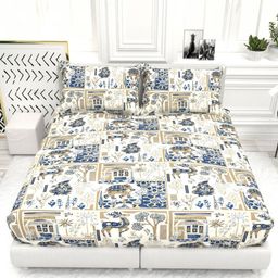 THE WHITE MOSS White And Blue Printed Cotton 300 TC King Bedsheet Set-2.75 m x 2.75 m-8