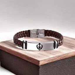 M Men Style Men Leather Silver-Plated Sikh Khanda Braided Wraparound Bracelet-image-51