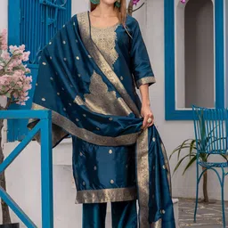 NIZA FASHION Floral Woven Design Art Silk Zari Work Kurta With Trousers & Dupatta-39
