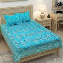 Lali Prints Green & Blue Ethnic Motifs 180 TC Single Bedsheet with 2 Pillow Covers-image-31