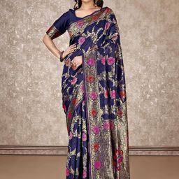 SAREEFLAME Floral Zari Pure Silk Banarasi Saree-image-8