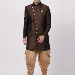 VM VM by Vastramay Men's Brown Silk Blend Sherwani Set Solid Sherwani-image-60