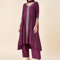 RANGMANCH BY PANTALOONS Floral Yoke Design Zari Kurta With Trousers & Dupatta-picture-9