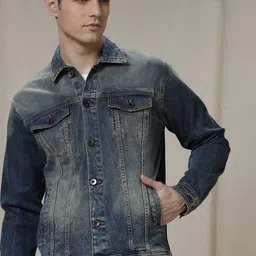 WROGN Men Washed Checked Crop Denim Jacket with Patchwork-9
