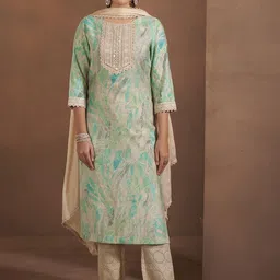 Anouk Abstract Printed Patch Work Chanderi Silk Kurta With Trouser And Dupatta-46
