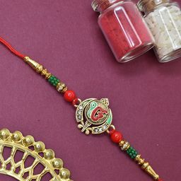 MEIRA JEWELLERY Artificial Stones Studded & Beaded Ik Omkar Thread Rakhi With Roli Chawal-image-53