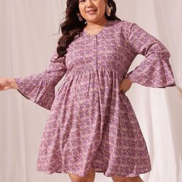 CURVY STREET Plus Size Floral Printed Bell Sleeve Fit & Flare Dress-25