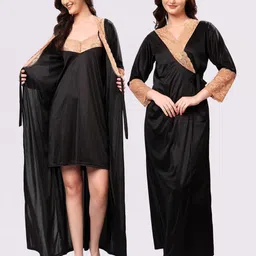 NIGHT KEYS Black Satin Maxi Solid Nightdress-56