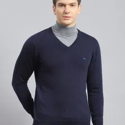 monte carlo Men Solid V Neck Dark Blue Sweater-picture-14