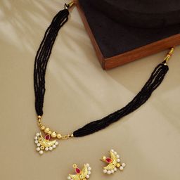 ATIBELLE Gold-Plated Artificial Stones Studded and Beaded Mangalsutra With Earrings-55