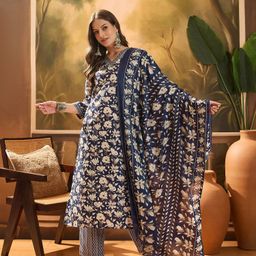 Sangria Women's Blue Ethnic Printed Cotton Blend Straight Kurta Pant Dupatta Set-image-79