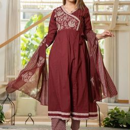 KALINI Women Ethnic Motifs Embroidered Cotton Anarkali Kurta with Trousers & Dupatta-image-98
