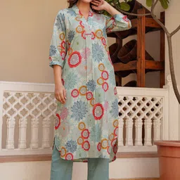 AUTUMN LANE Hemal Lapis Floral Printed Shawl Collar Organza Kurta With Palazzos-39