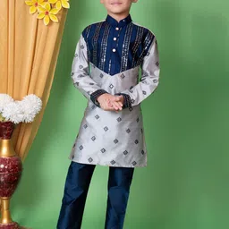 NFC CREATION Boys Floral Embroidered Regular Sequinned Dupion Silk Kurta with Pyjamas image 1