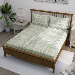 SWAYAM Ananda Green Printed Pure Cotton 210 TC Fitted Queen Bedsheet Set 1.98 x 1.82m-67