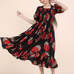 PTVIZE Girl's Floral Printed Puff Sleeve Smocked Tiered Cotton Fit & Flare Midi Dress-43