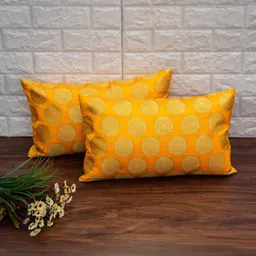 RoyalDeco Yellow & Gold-Toned Set of 2 Ethnic Motifs Rectangle Cushion Covers-16